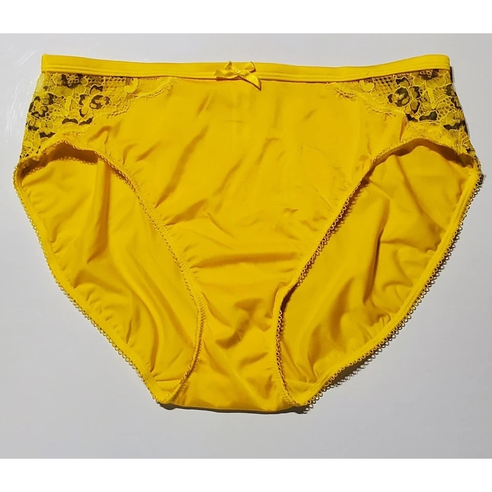 Ambrielle Lace High Cut Panty Shiny Satin Stretch Floral Lace Carnation Yellow
