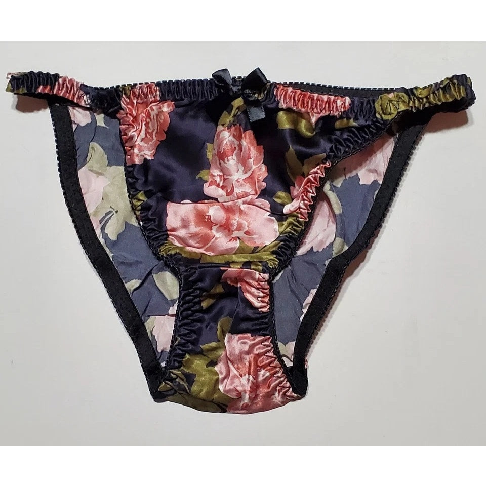 Liquid Satin String Bikini Panty Shiny Double Silk Gusset Floral Print Pink 5/S