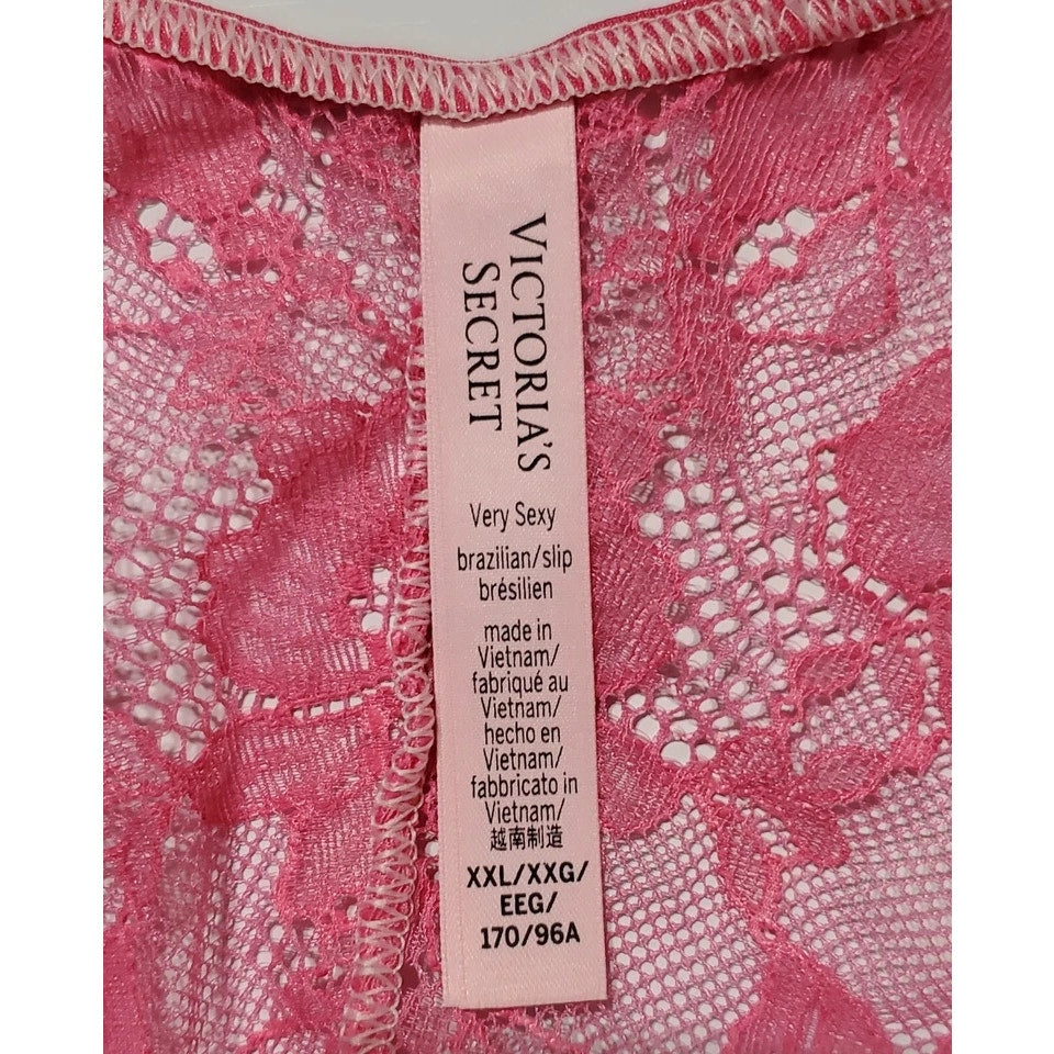 Victoria's Secret Double Shine Strap Brazilian Panty All Lace Fire Pink 9/2XL