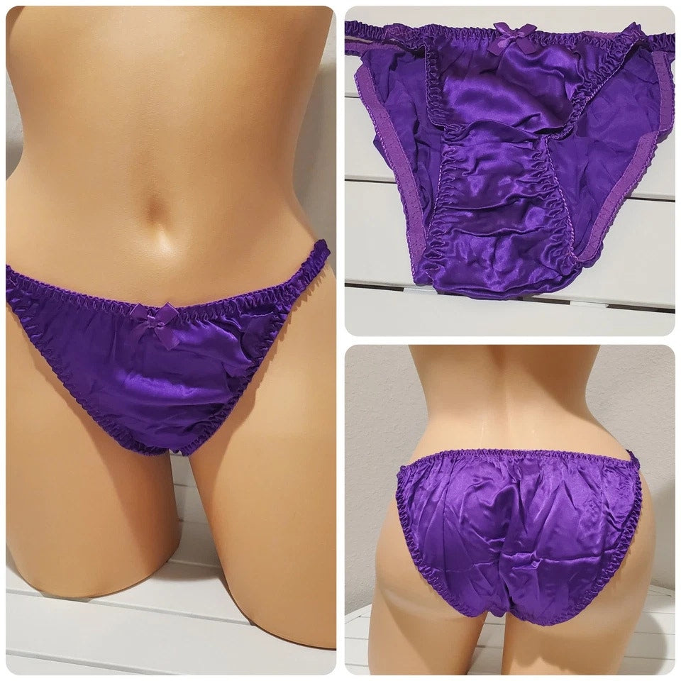 Liquid Satin String Bikini Panty Shiny Double Silk Gusset Purple Dream 7/L