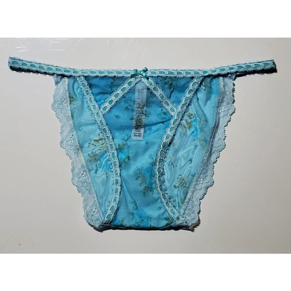 Victoria's Secret Dream Angels Bikini Panty Semi Sheer Floral Print Blue Cyan