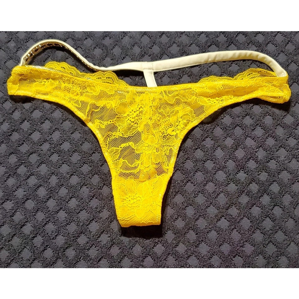 Victoria's Secret Shine Strap Y-Back Thong Panty All Lace Sheer Cyber Yellow 6/M