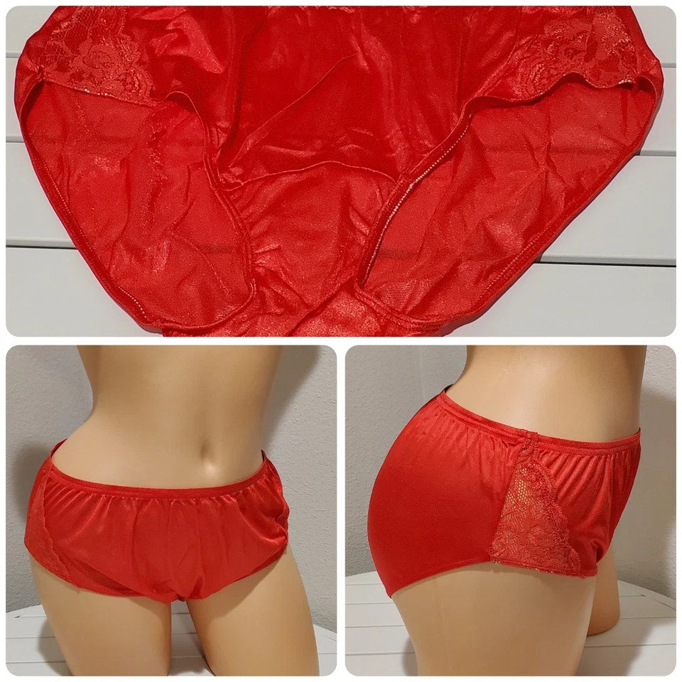 Shadowline 11182 Lace Insets Bikini Panty Shiny Nylon Full Cut Silky Red