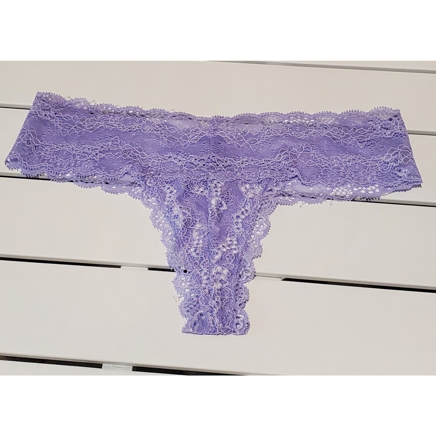 Mamia LP7980LT2 Satin Stretch Lace Thong Panty Semi Sheer Bright Purple 6/M