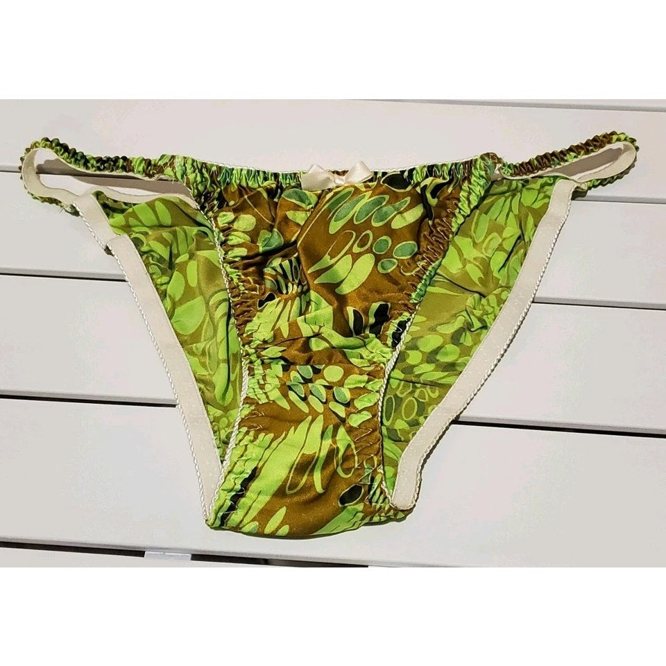 Liquid Satin String Bikini Panty Shiny Double Silk Gusset Apple Green Print