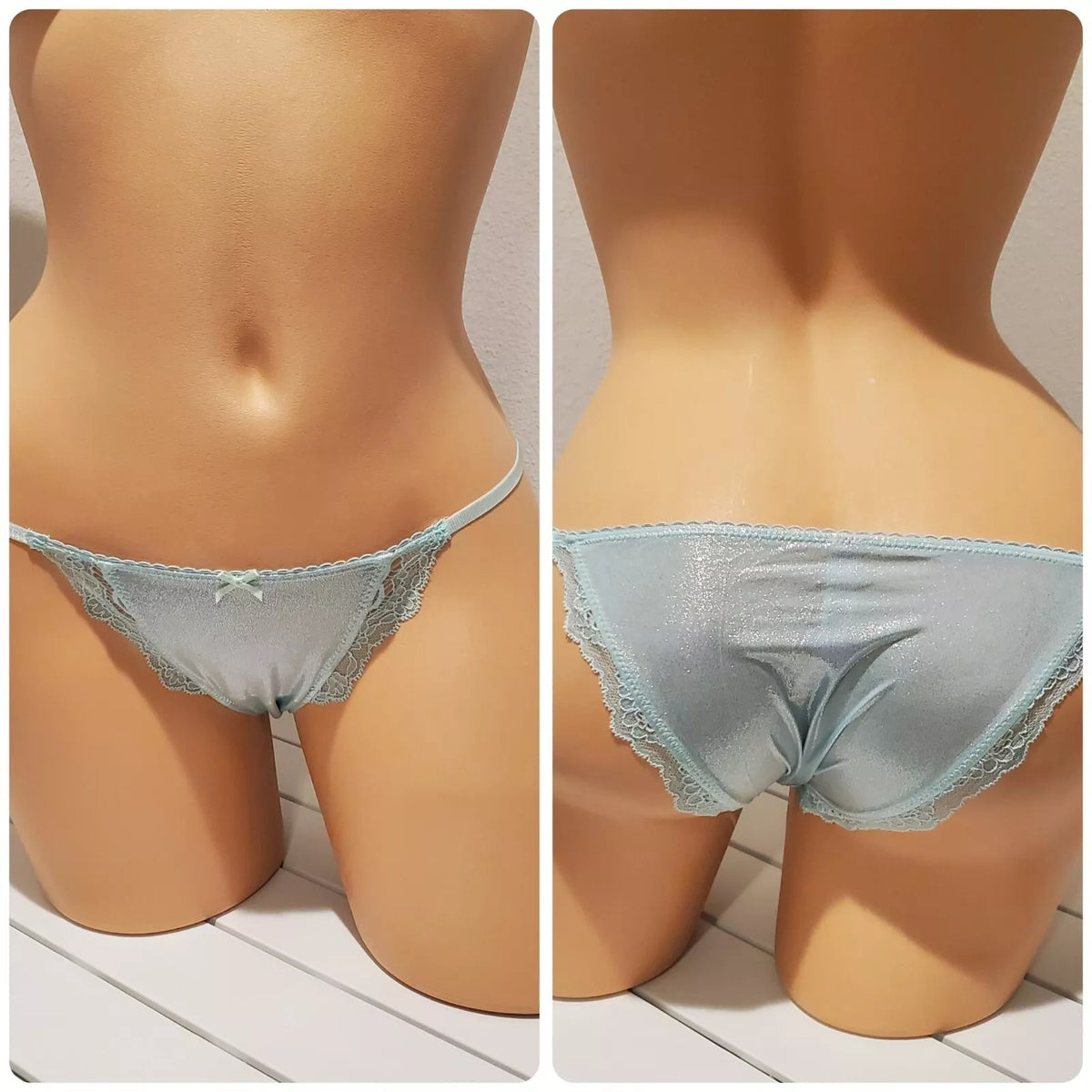 Victoria's Secret Dream Angels String Bikini Panty Shiny Lace Trim Frosty Blue - Star Vintage & More