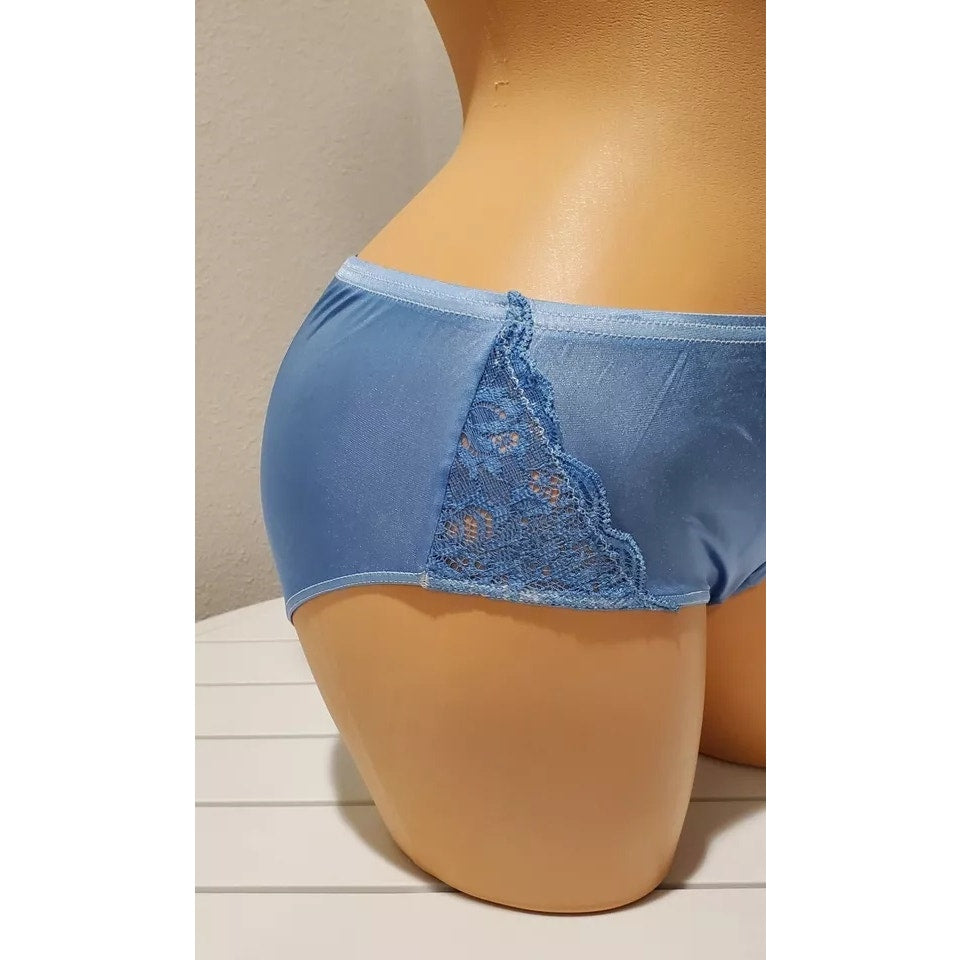 Shadowline 11182 Lace Insets Bikini Panty Shiny Nylon Full Cut Silky Baby Blue