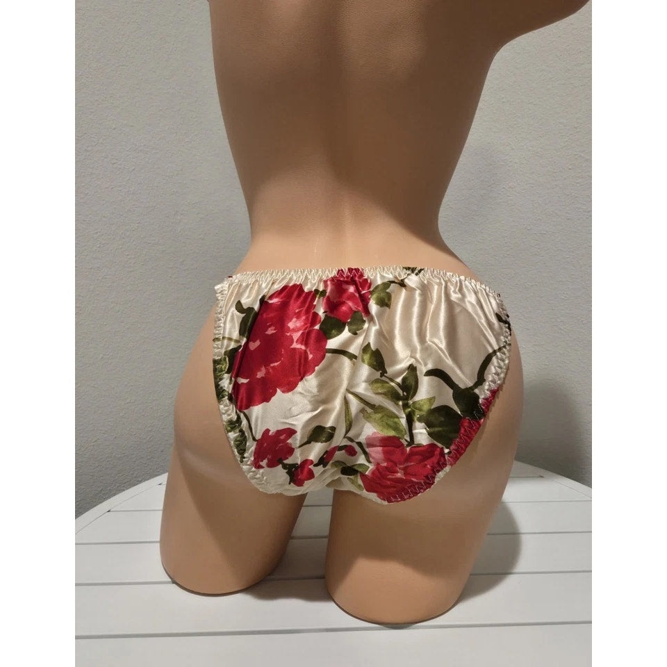 Liquid Satin String Bikini Panty Shiny Double Silk Gusset Floral Print Ivory