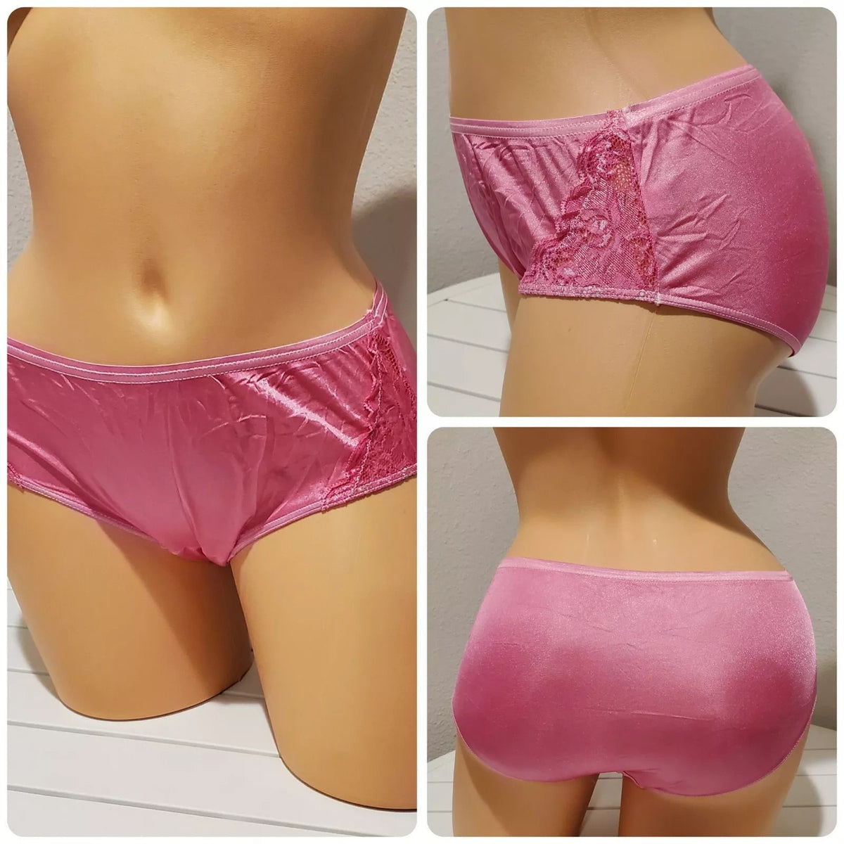 Shadowline 11182 Lace Insets Bikini Panty Shiny Nylon Full Cut Silky Sultry Pink