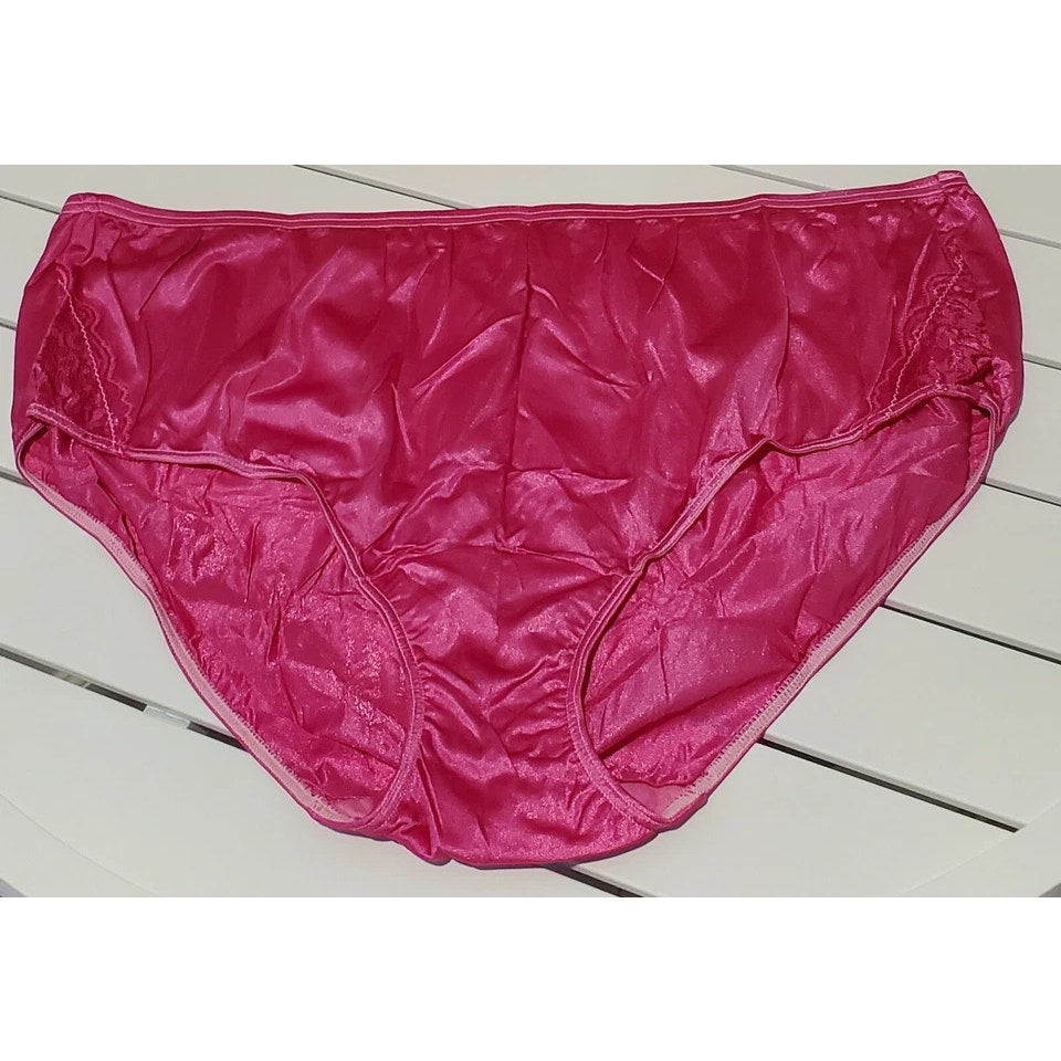 Shadowline 11182 Lace Insets Bikini Panty Shiny Nylon Full Cut Pink Berry 11/4XL
