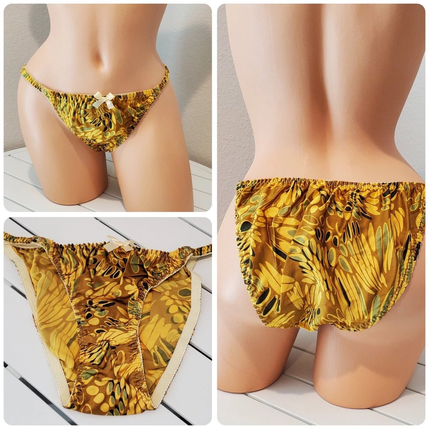 Liquid Satin String Bikini Panty Shiny Double Silk Gusset Tulip Yellow Print 7/L