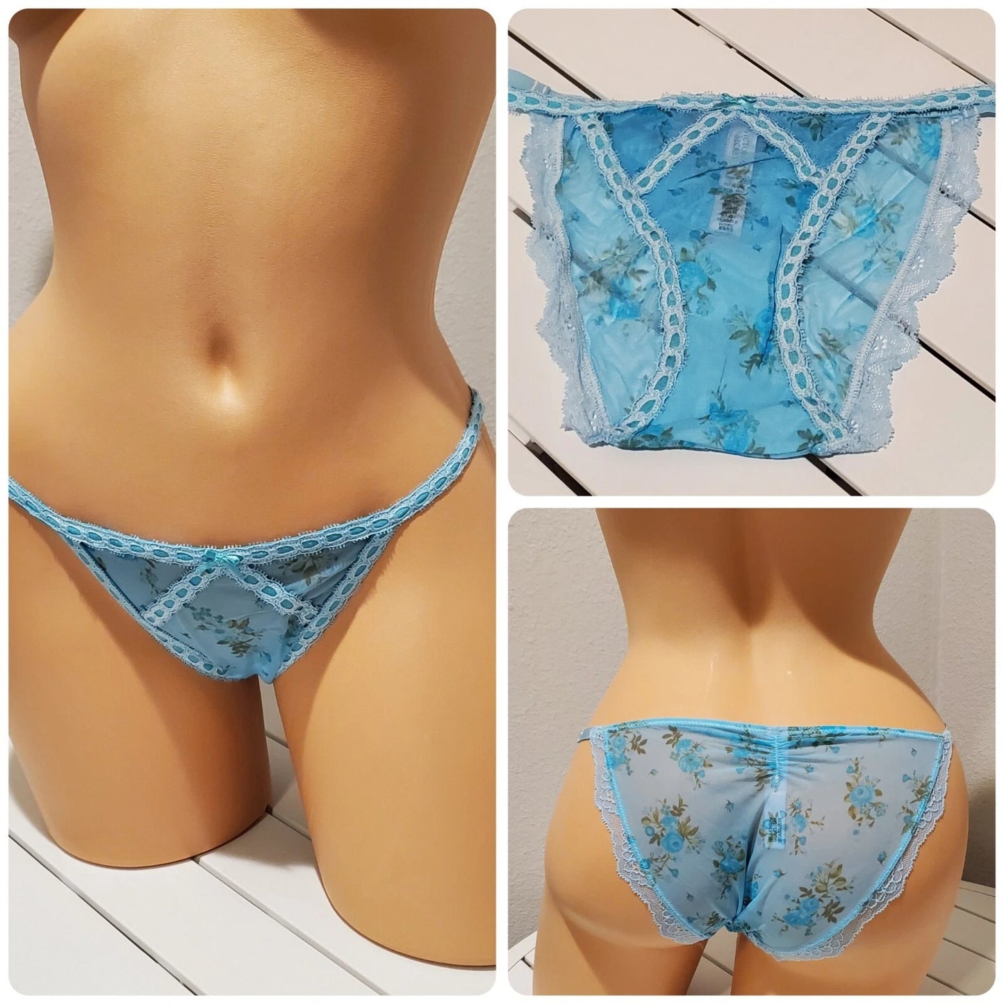 Victoria's Secret Dream Angels Bikini Panty Semi Sheer Floral Print Blue Cyan