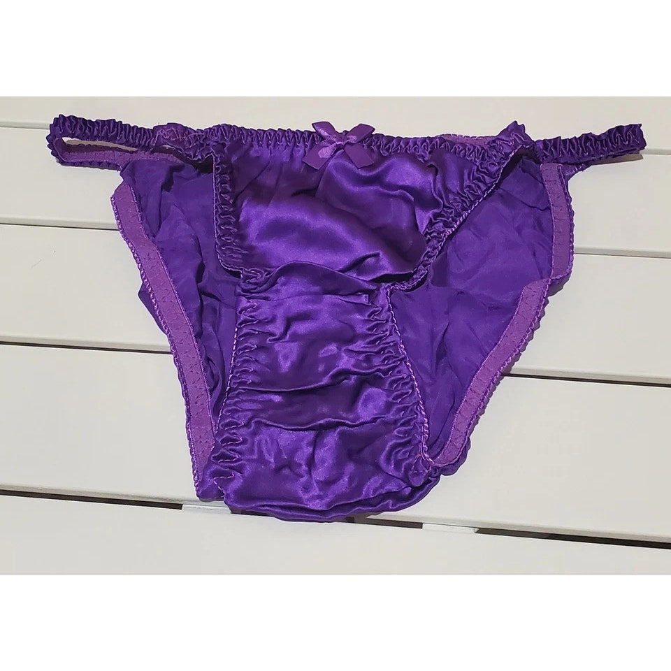 Liquid Satin String Bikini Panty Shiny Double Silk Gusset Purple Dream 7/L