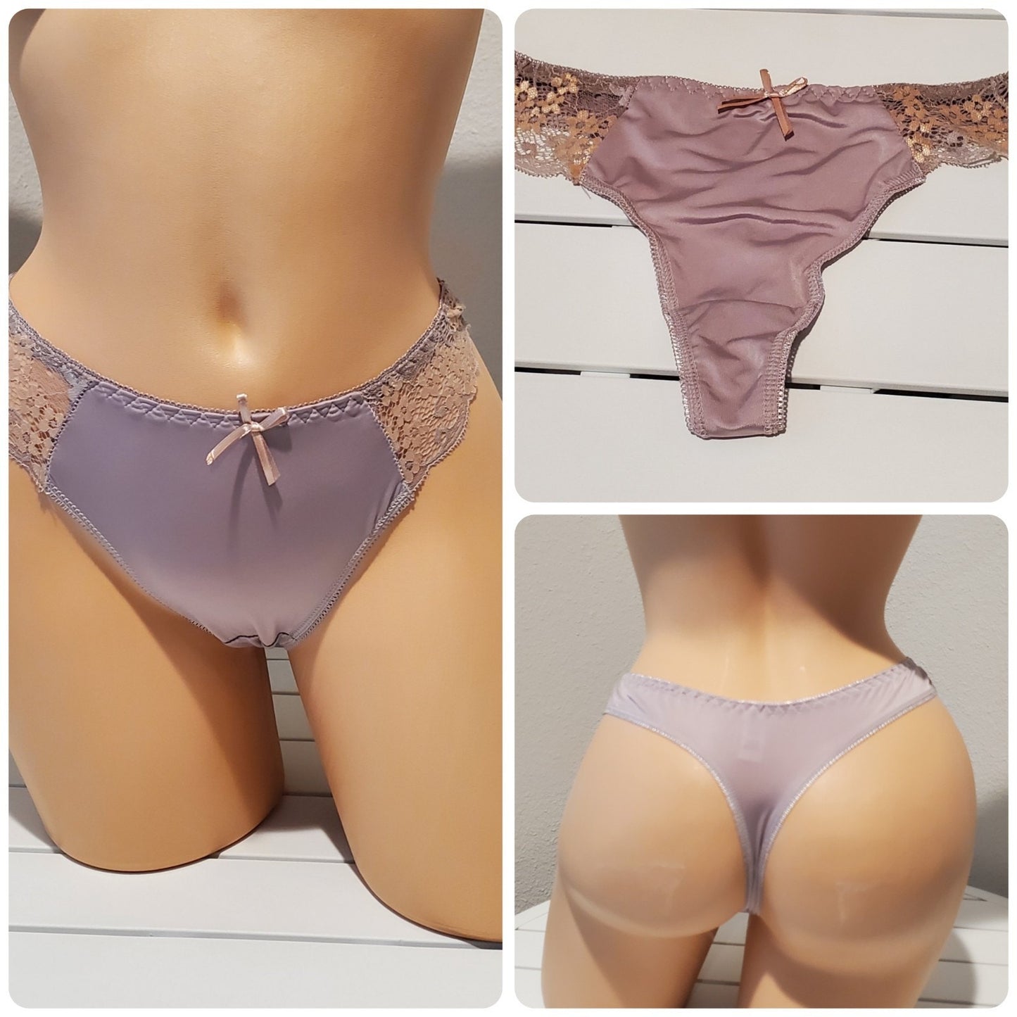 Mamia LP7391PT1 Satin Stretch Thong Panty Shiny Wet Look Lace Mauve Purple 7/L