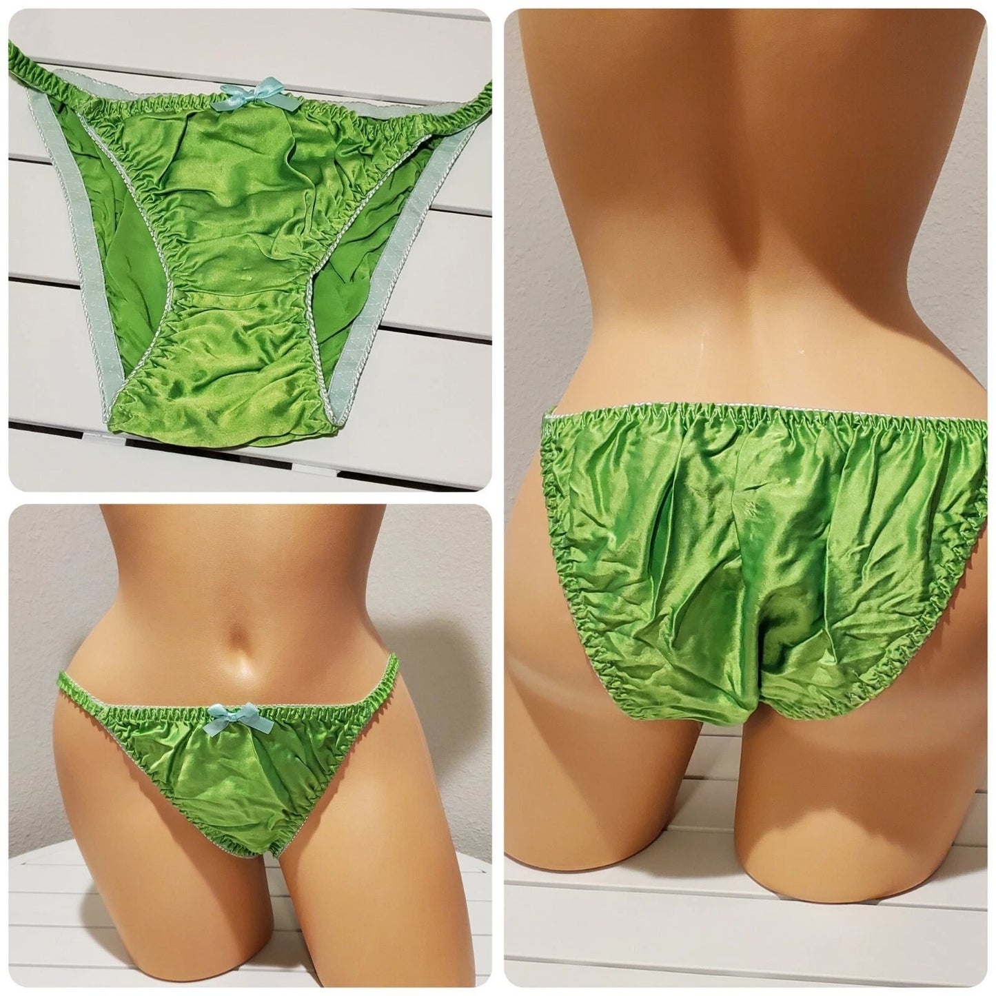 Liquid Satin String Bikini Panty Shiny Double Silk Gusset Apple Green
