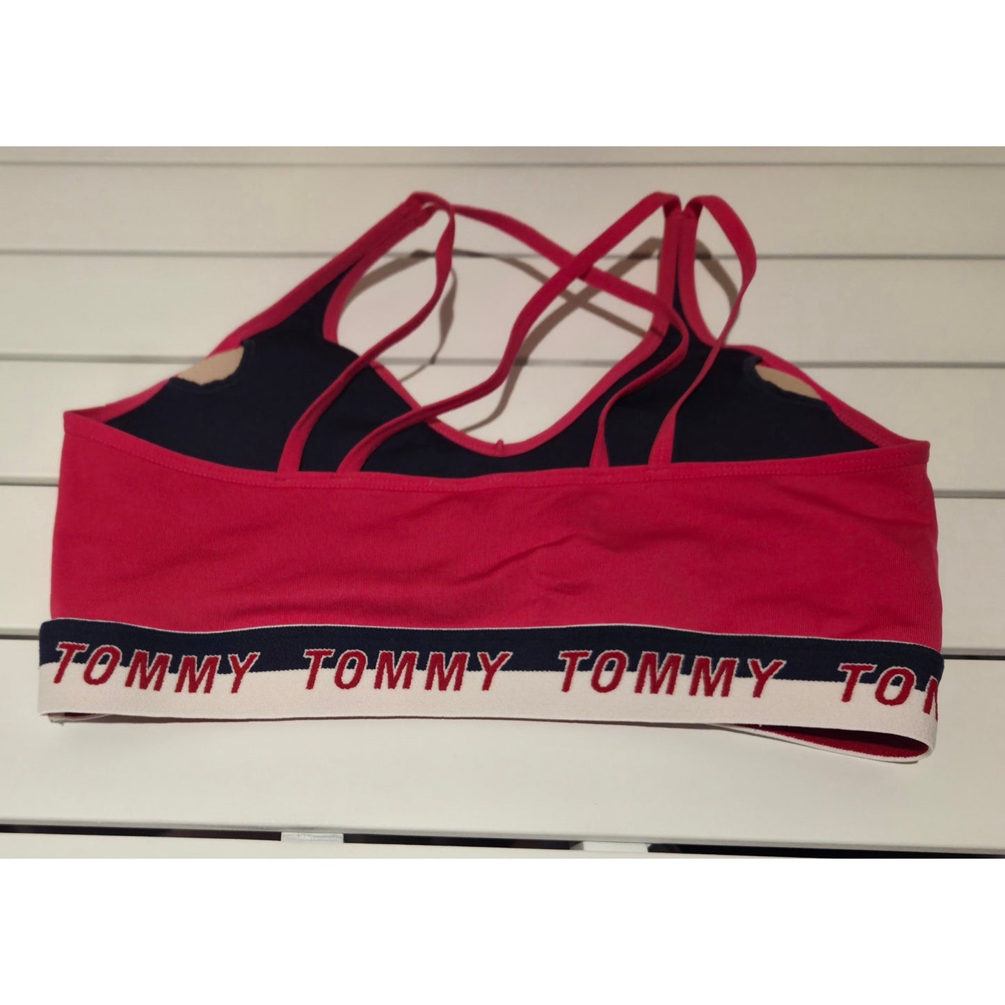 Tommy Hilfiger Sports Bra Racerback Strappy Back Logo Band Neon Pink Size S