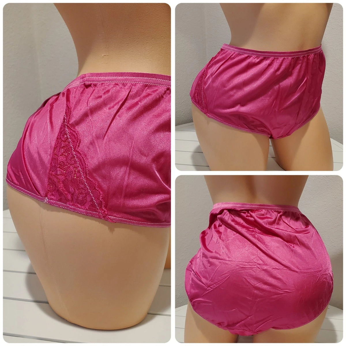 Shadowline 11182 Lace Insets Bikini Panty Shiny Nylon Full Cut Pink Berry 11/4XL