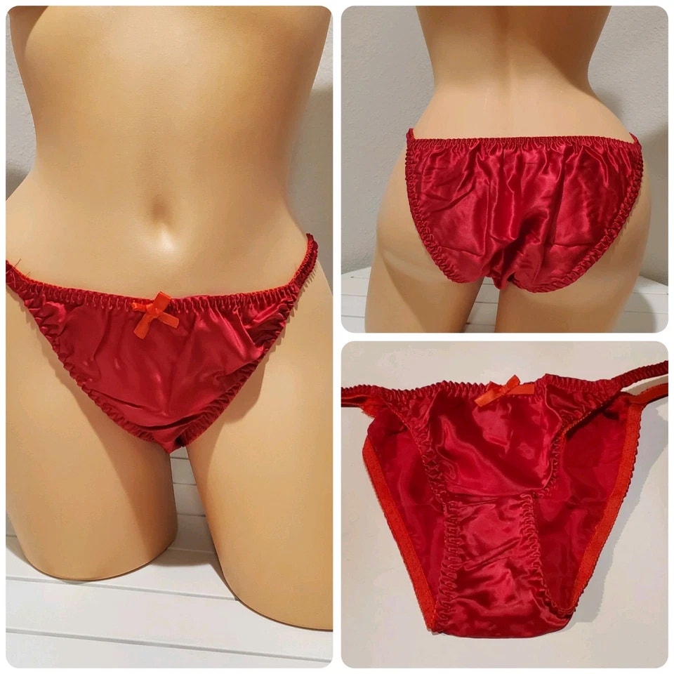 Liquid Satin String Bikini Panty Shiny Double Silk Gusset Candy Red 9/2XL