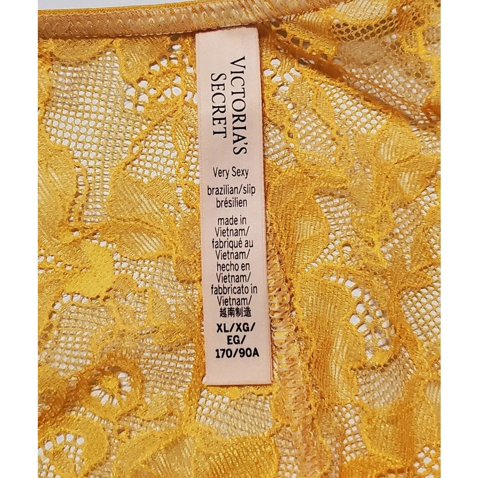 Victoria's Secret Double Shine Strap Brazilian Panty All Lace Tulip Yellow 8/XL