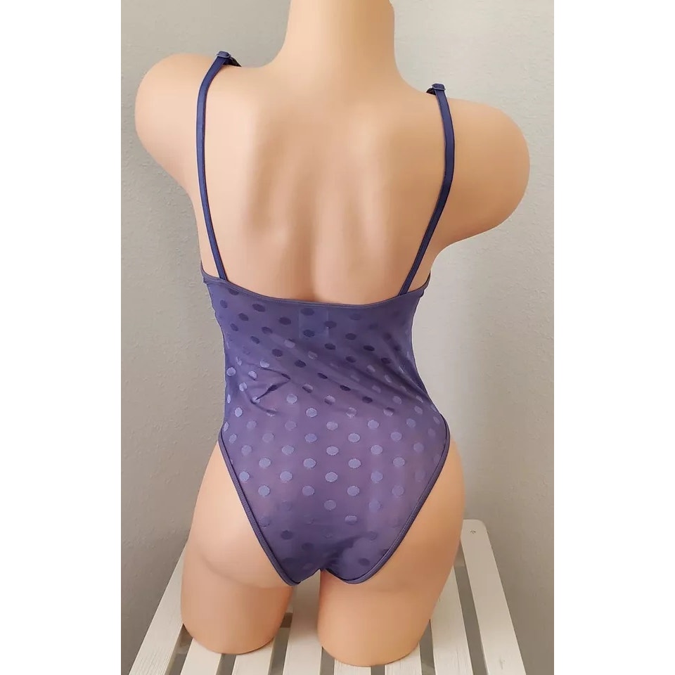 Victoria's Secret PINK Bodysuit Lingerie Sheer Polka Dot Snap Gusset Blue Velvet 6/M