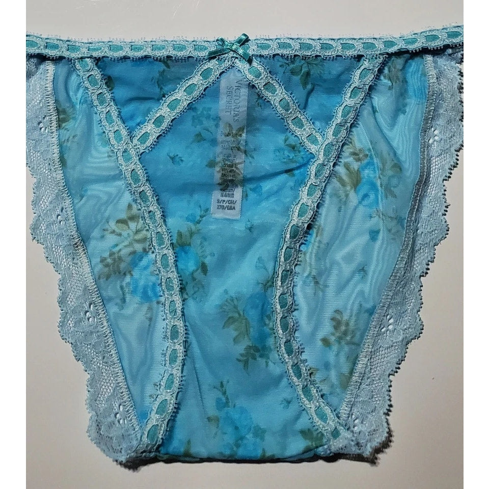 Victoria's Secret Dream Angels Bikini Panty Semi Sheer Floral Print Blue Cyan