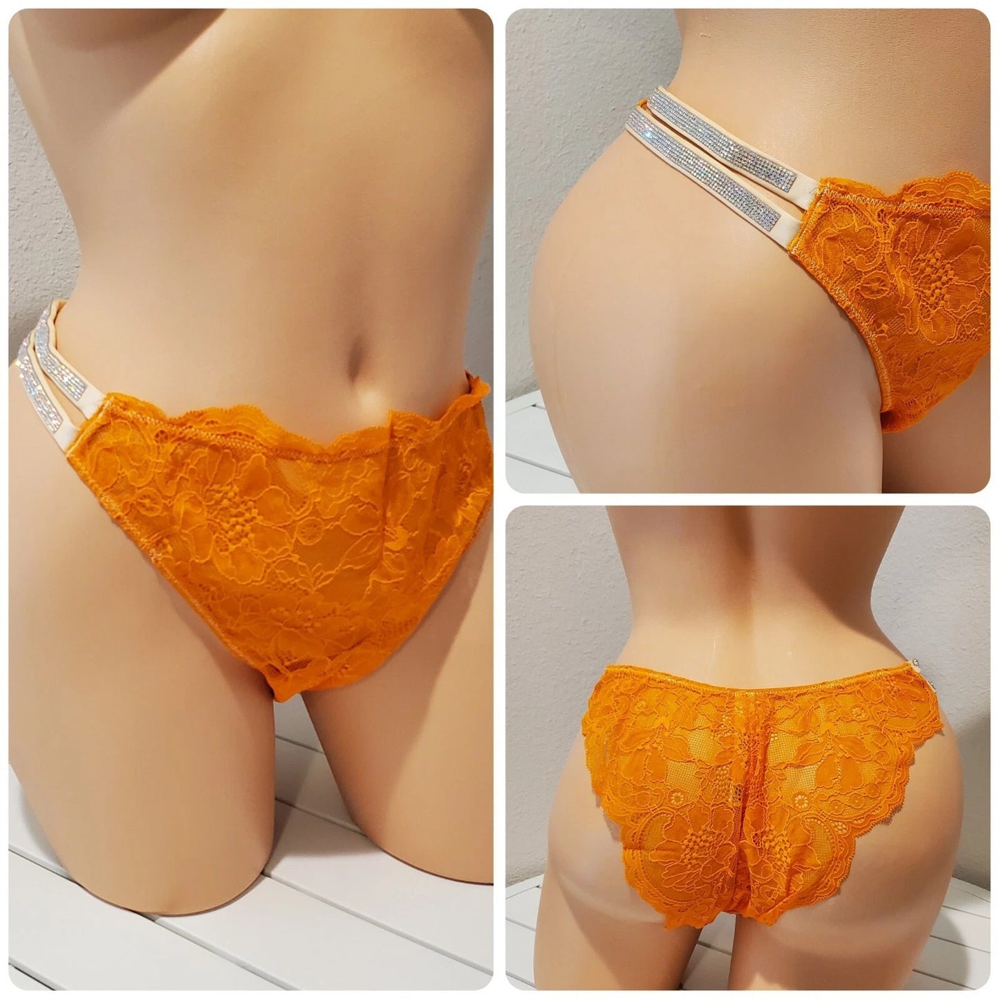 Victoria's Secret Double Shine Strap Brazilian Panty All Lace Orange Shock 9/2XL