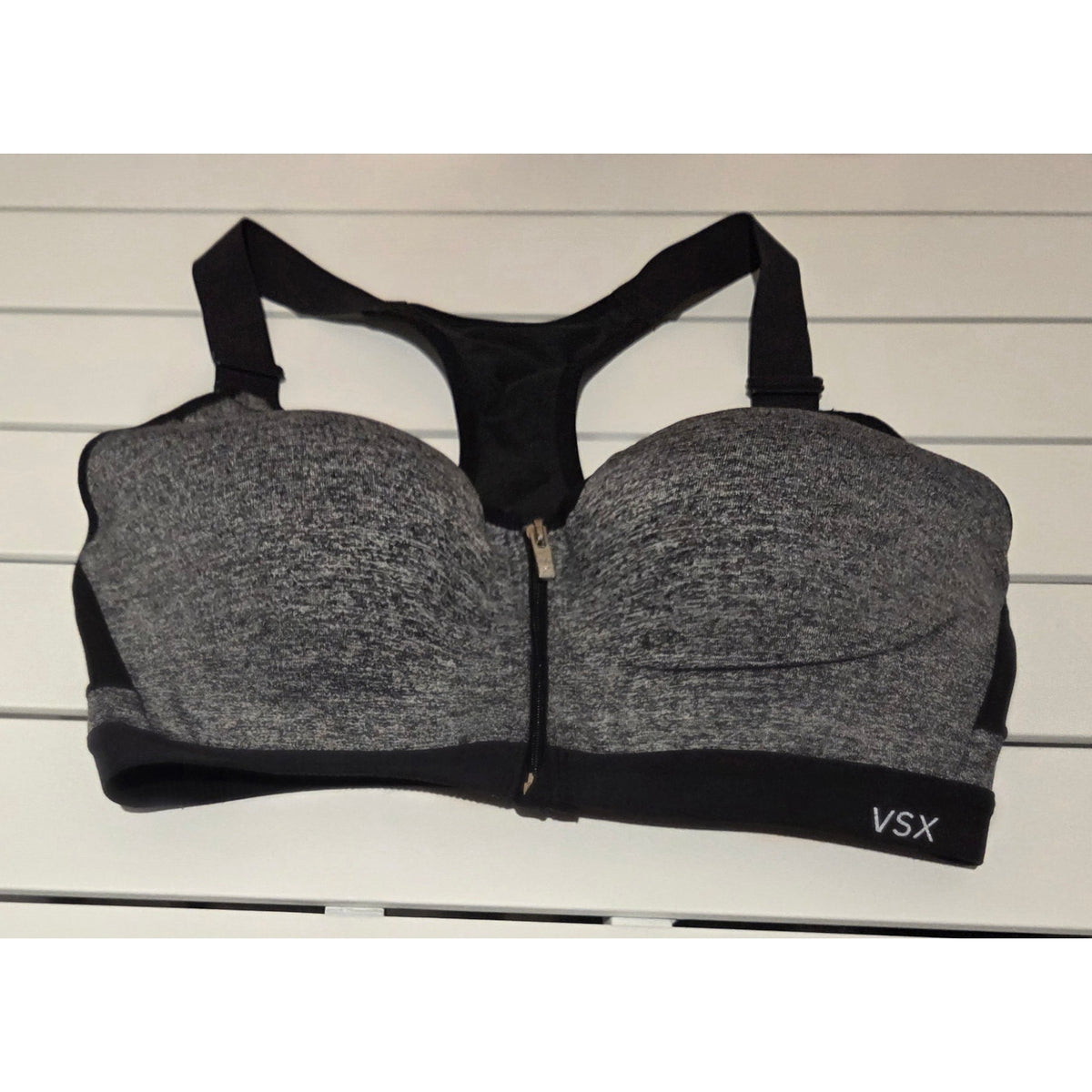 Victoria's Secret VSX Sport Bra Front Zip Racerback Colorblock Black Gray 34D