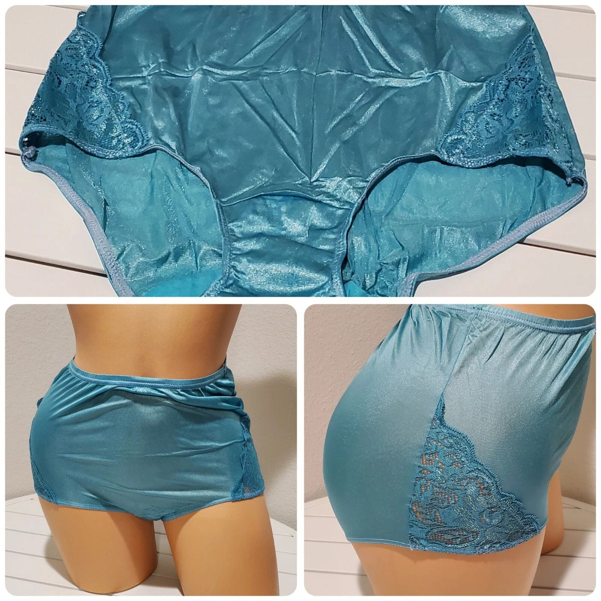 Shadowline 17082 Full Cut Brief Nylon Lace Full Cut Silky Panty Blue Ocean Wave