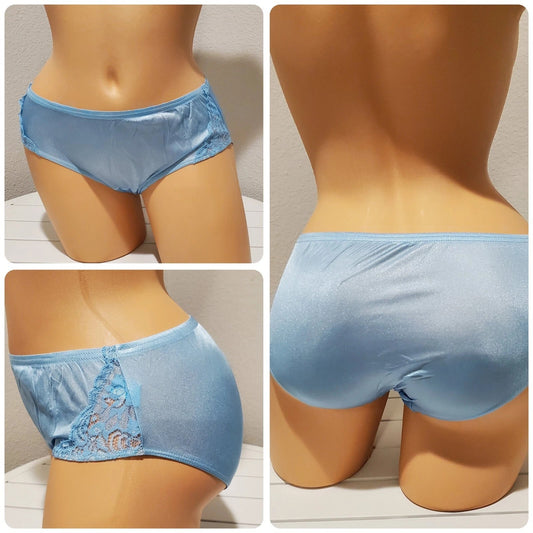 Shadowline 11182 Lace Insets Bikini Panty Shiny Nylon Full Cut Space Blue 5/S - Star Vintage & More Star Vintage And More LLC