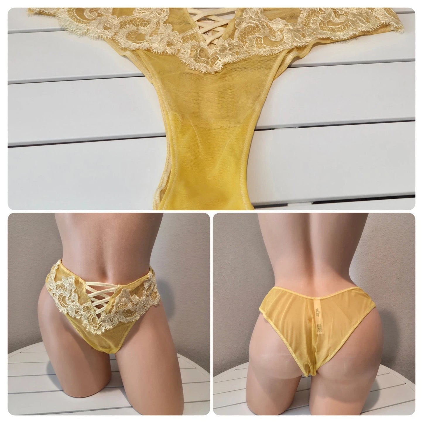 Victoria's Secret Brazilian Panty Floral Lace Embroidered Sheer Sunbeam Yellow 7