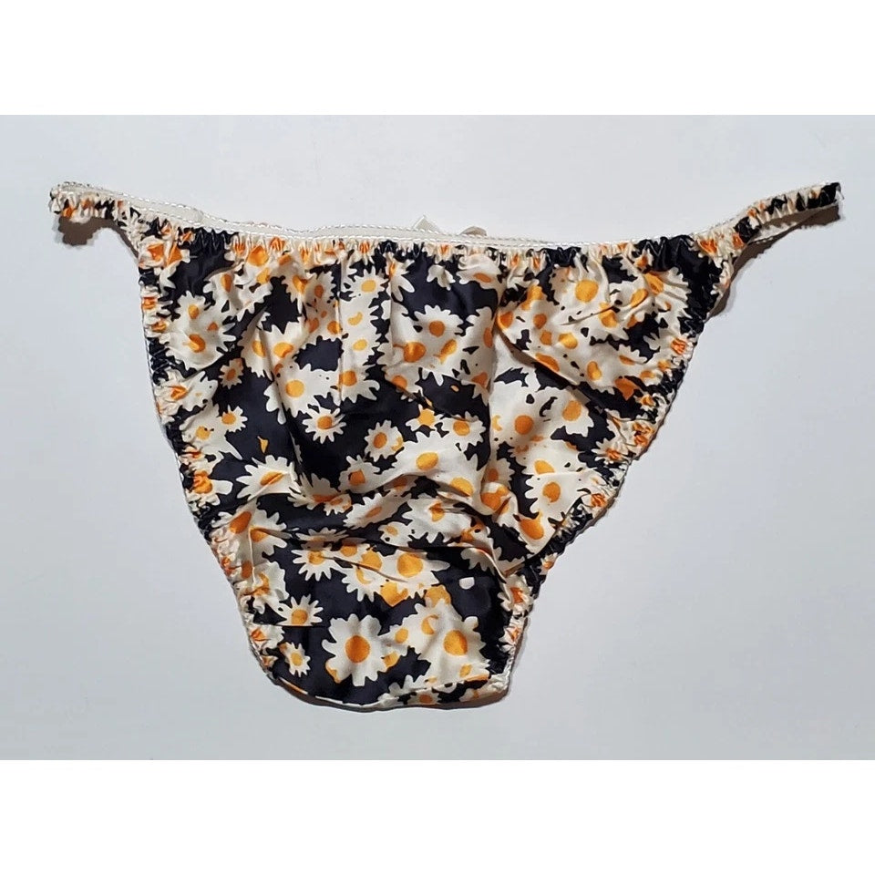 Liquid Satin String Bikini Panty Shiny Double Silk Floral Print Yellow Daisy