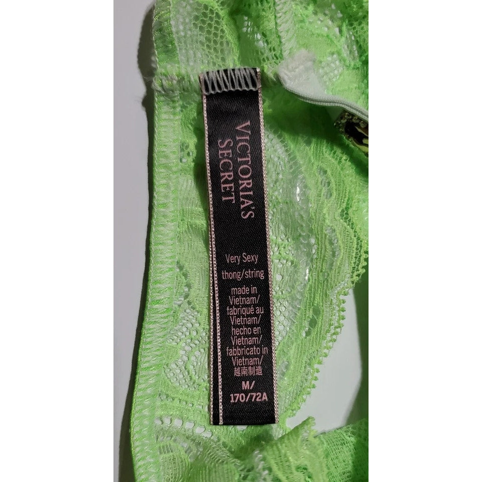Victoria's Secret Shine Strap Y-Back Thong Panty All Lace Sheer Citron Green 6/M
