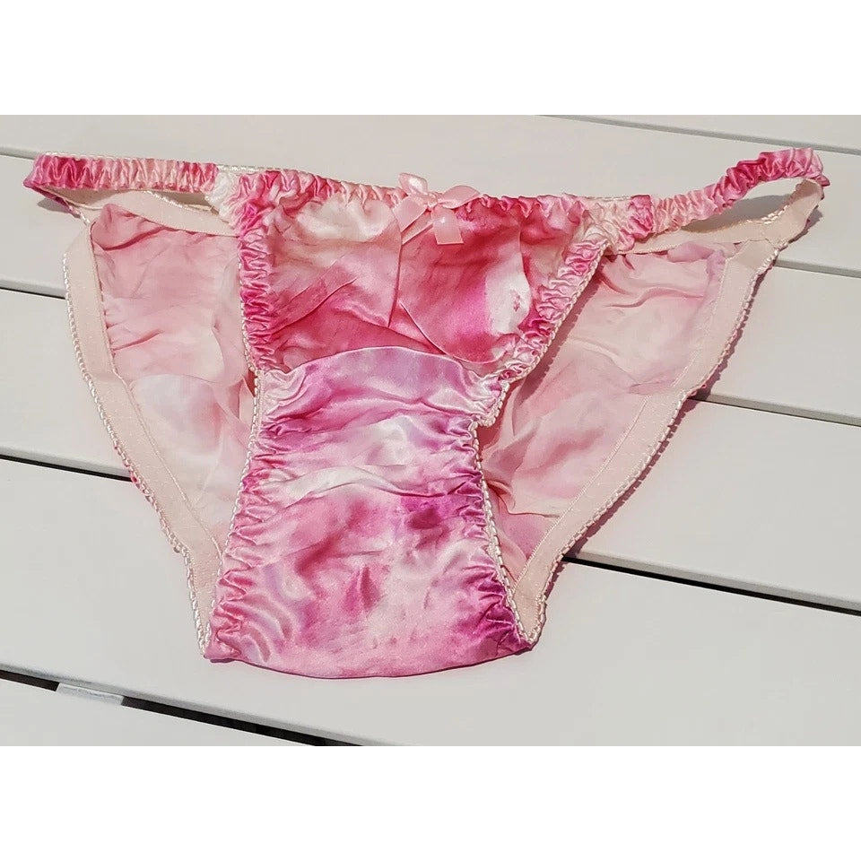 Liquid Satin String Bikini Panty Shiny Double Silk Gusset Print Pink Cloud 6/M