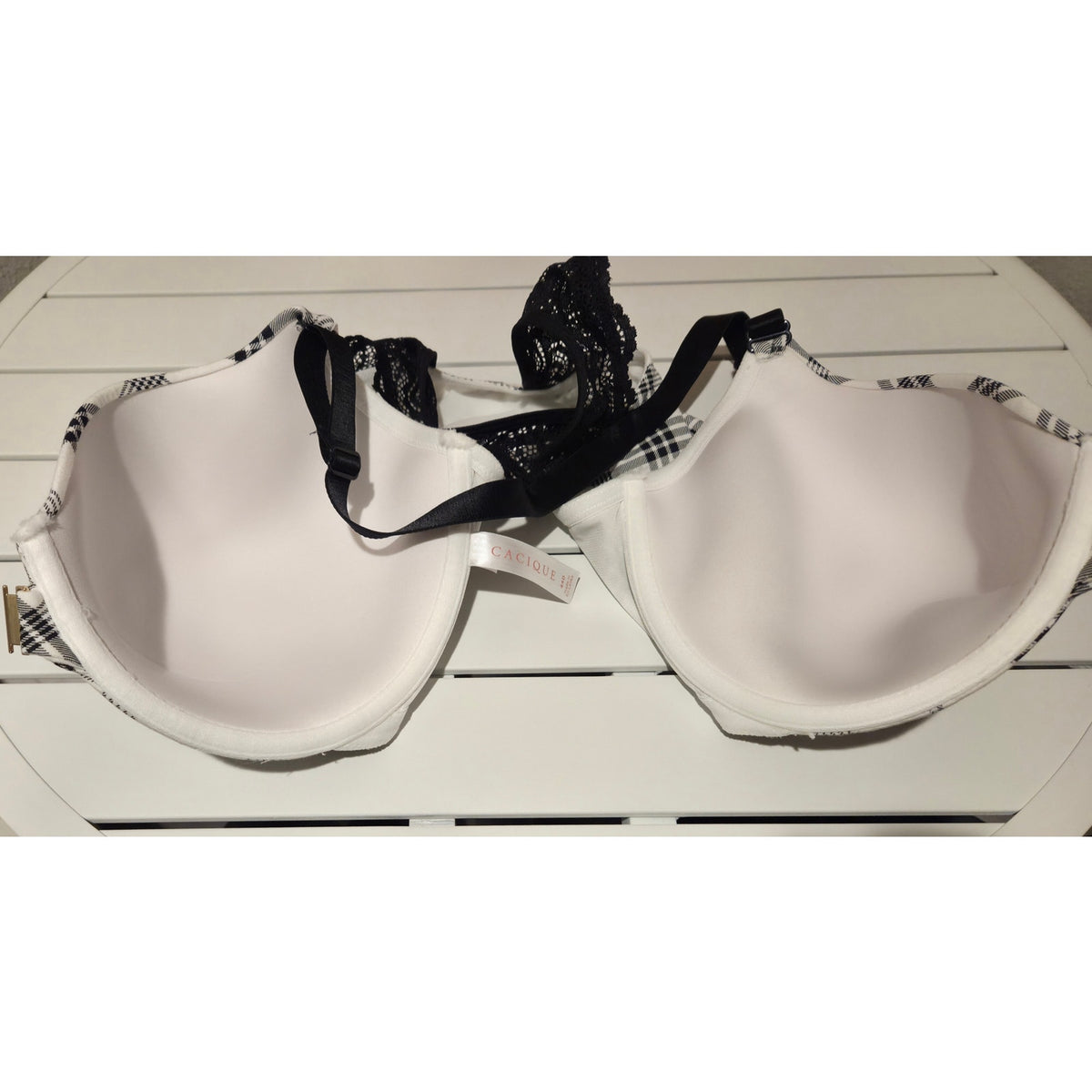 Cacique Cotton Spandex T-Shirt Bra Lightly Lined Front Close Plaid Lace 44D
