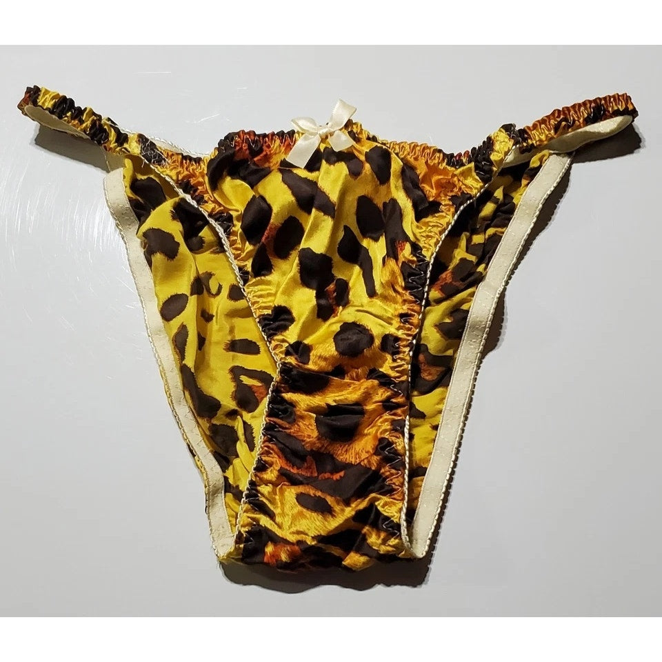 Liquid Satin String Bikini Panty Shiny Double Silk Leopard Print Sunshine Yellow