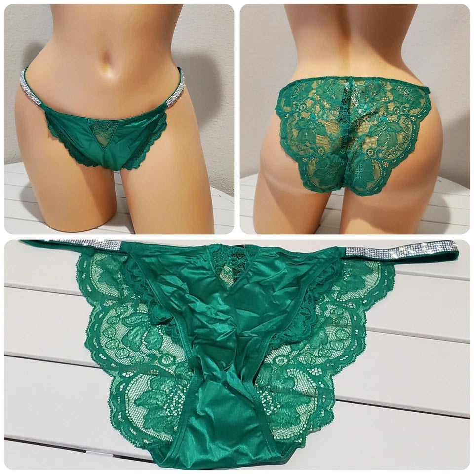 Victoria's Secret Shine Strap Cheeky Panty All Lace Back Shiny Green 7/L