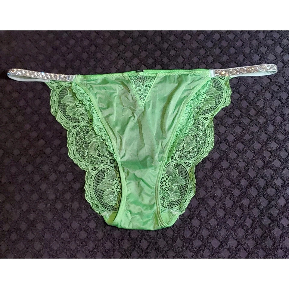Victoria's Secret Shine Strap Cheeky Panty All Lace Back Shiny Green Citron 9