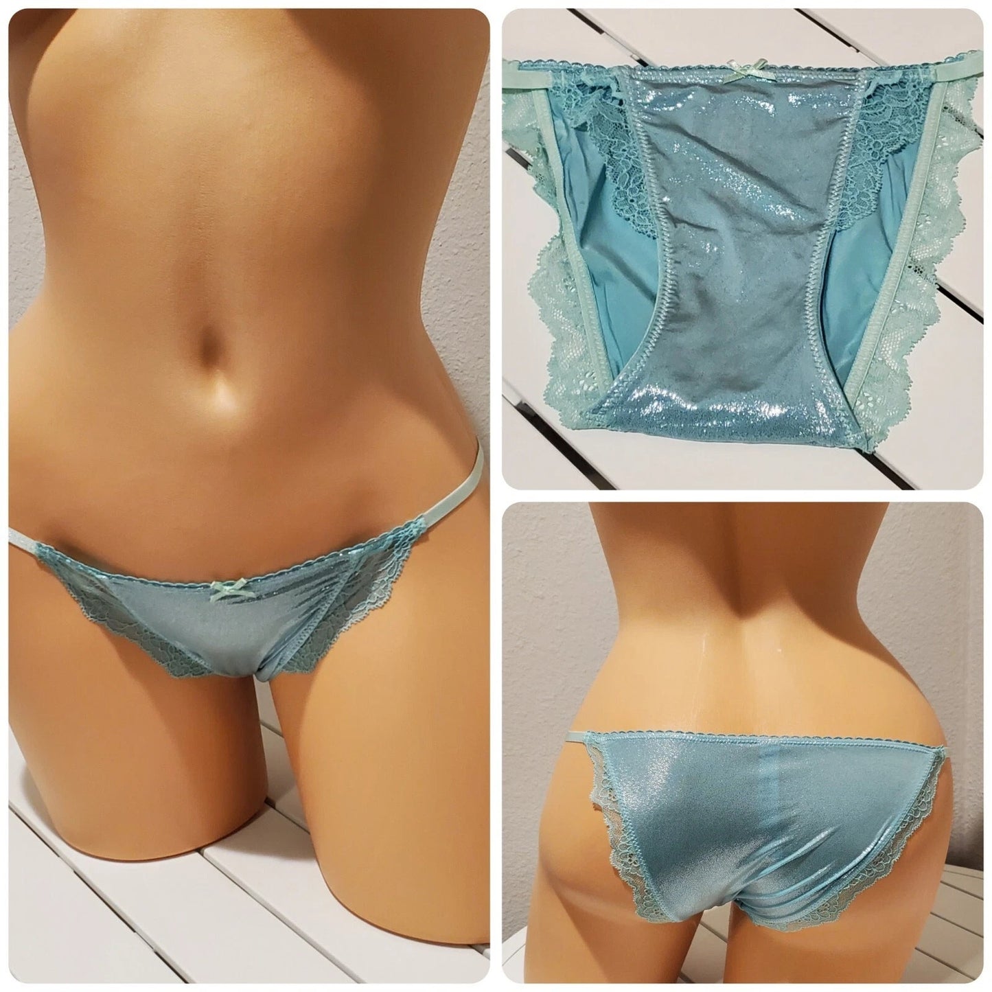 Victoria's Secret Dream Angels String Bikini Panty Shiny Lace Trim Sea Tide Green XS