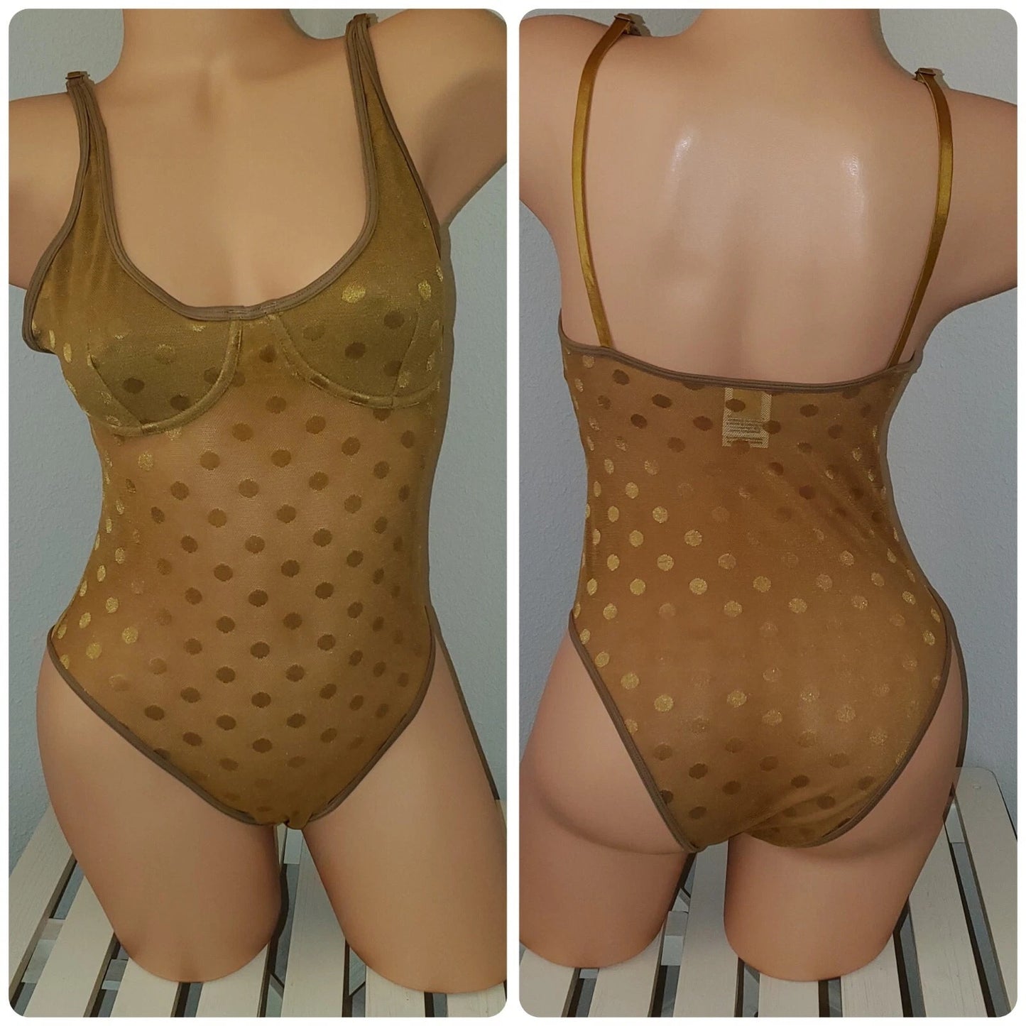Victoria's Secret PINK Bodysuit Lingerie Polka Dot Snap Gusset Gold Shimmer 6/M