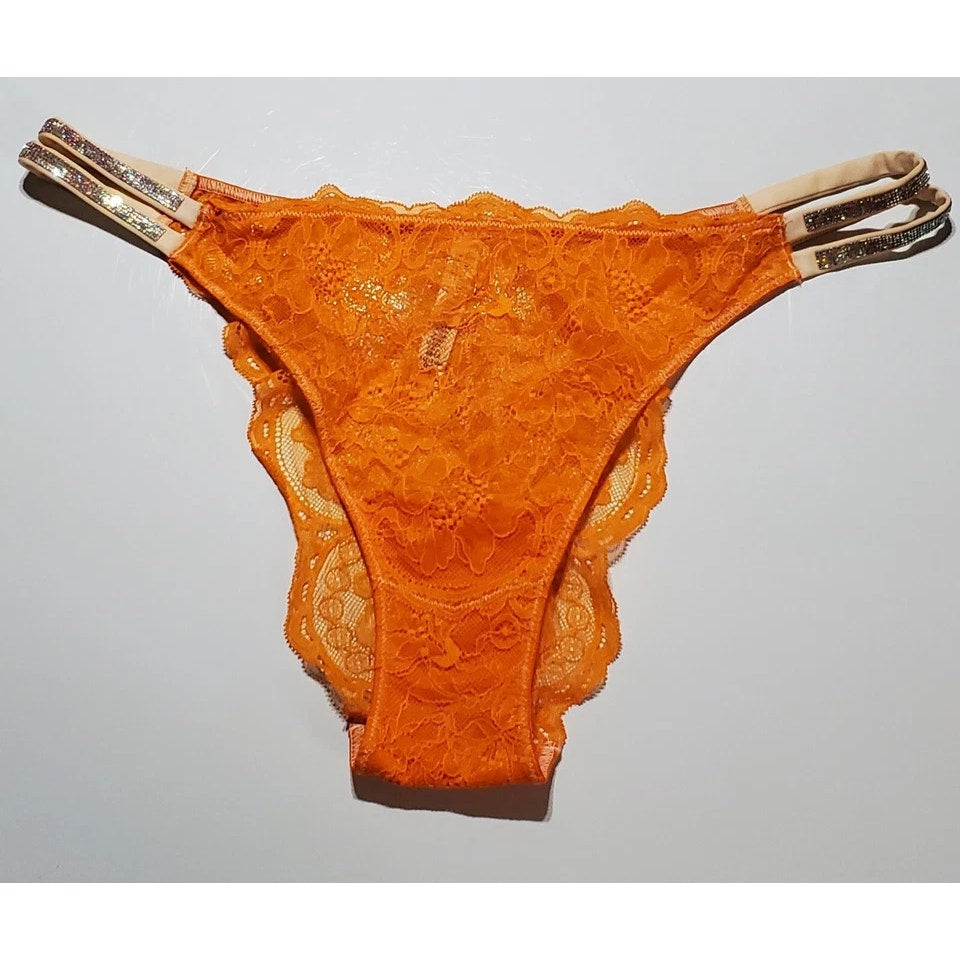 Victoria's Secret Double Shine Strap Brazilian Panty All Lace Orange Shock 9/2XL