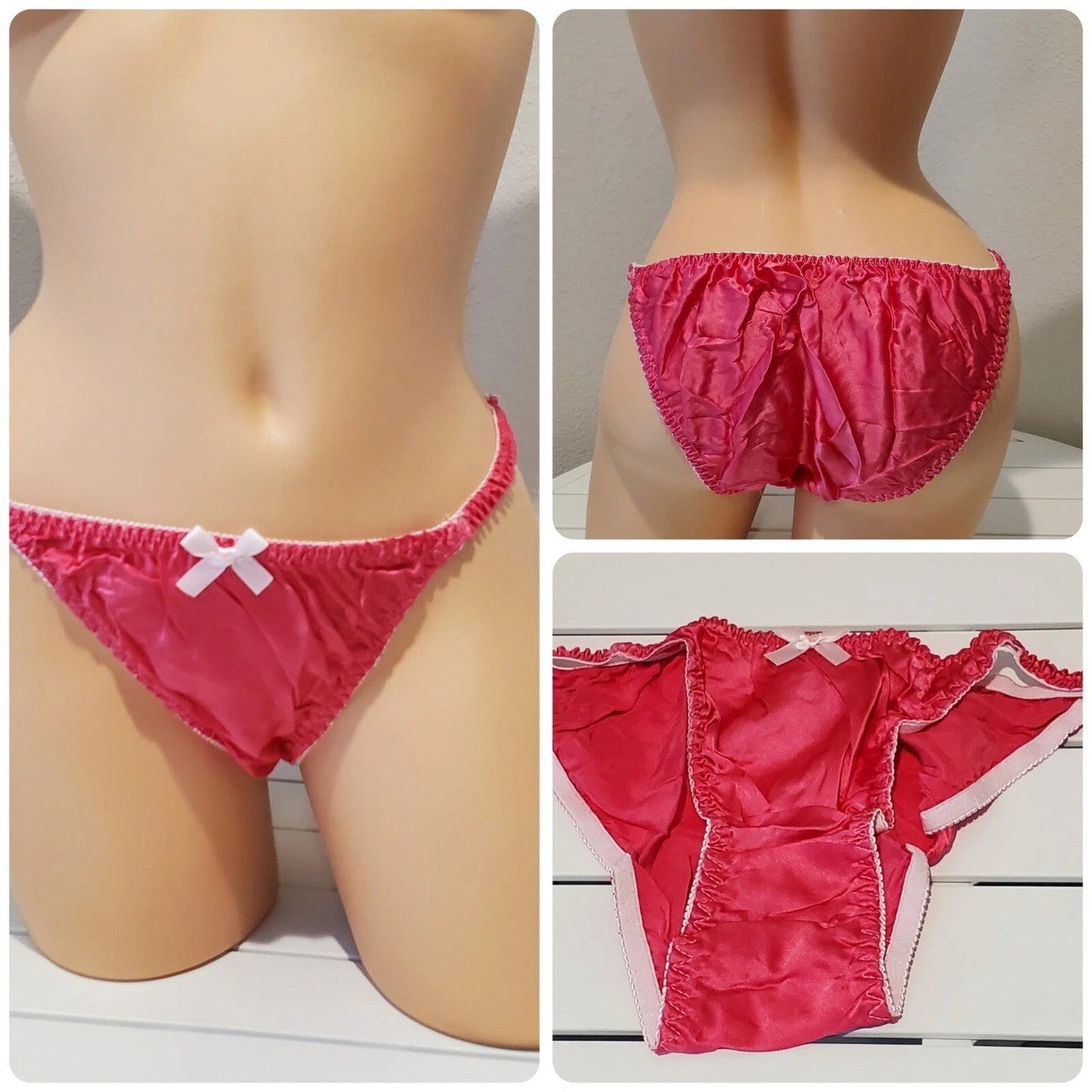 Liquid Satin String Bikini Panty Shiny Double Silk Gusset Party Pink 9/2XL
