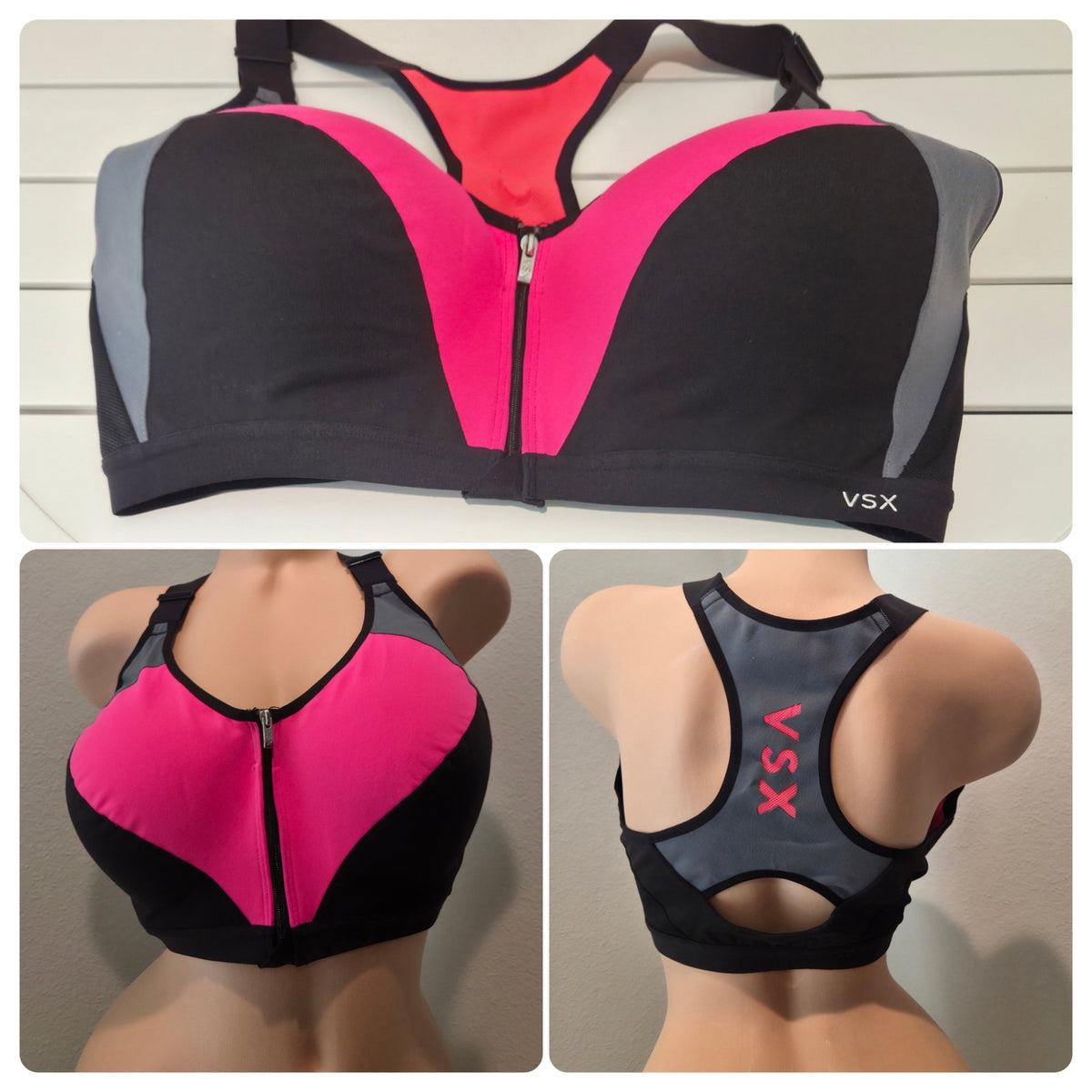 Victoria's Secret VSX Vintage Sport Bra Front Zip Racerback Black Pink 38DDD