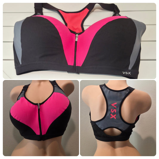 Victoria's Secret VSX Vintage Sport Bra Front Zip Racerback Black Pink 38DDD Star Vintage And More LLC
