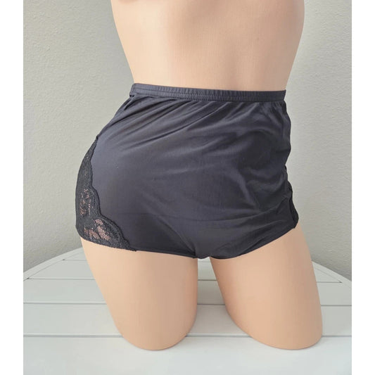 Shadowline 17082 Full Cut Brief Shiny Nylon Lace Full Coverage Panty Black Star Vintage And More LLC