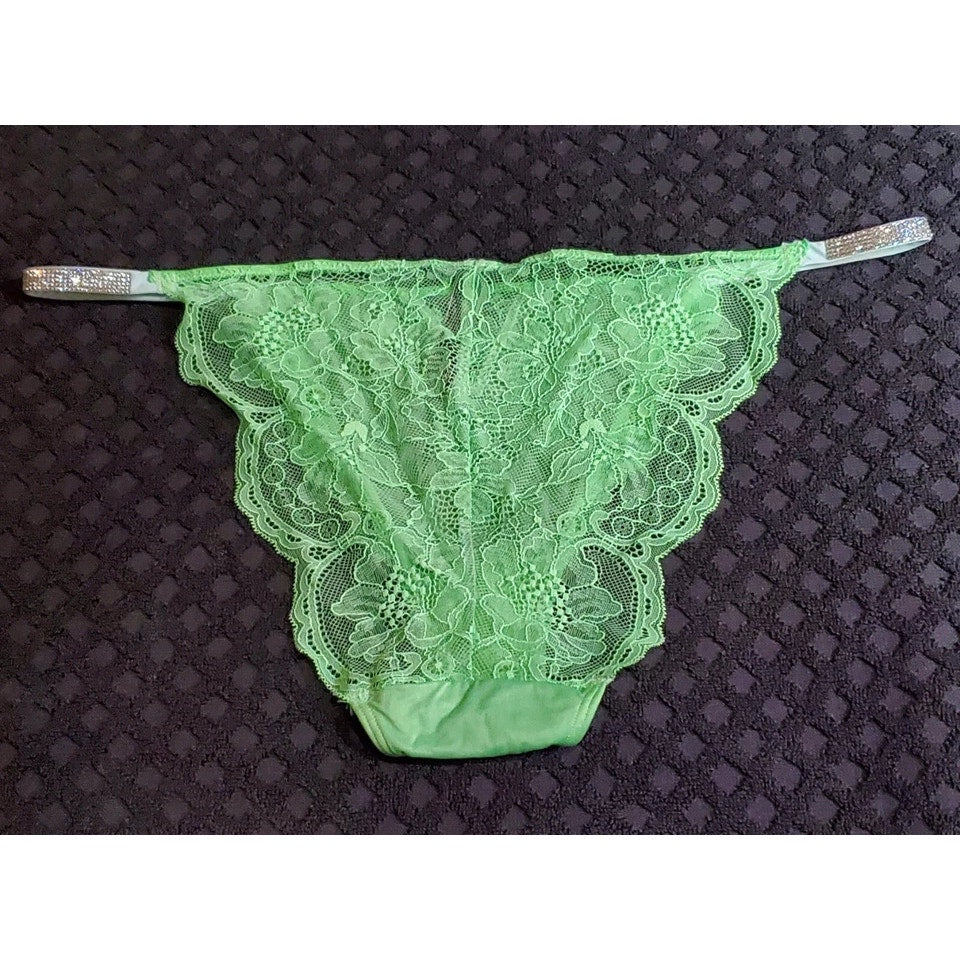 Victoria's Secret Shine Strap Cheeky Panty All Lace Back Shiny Green Citron 9