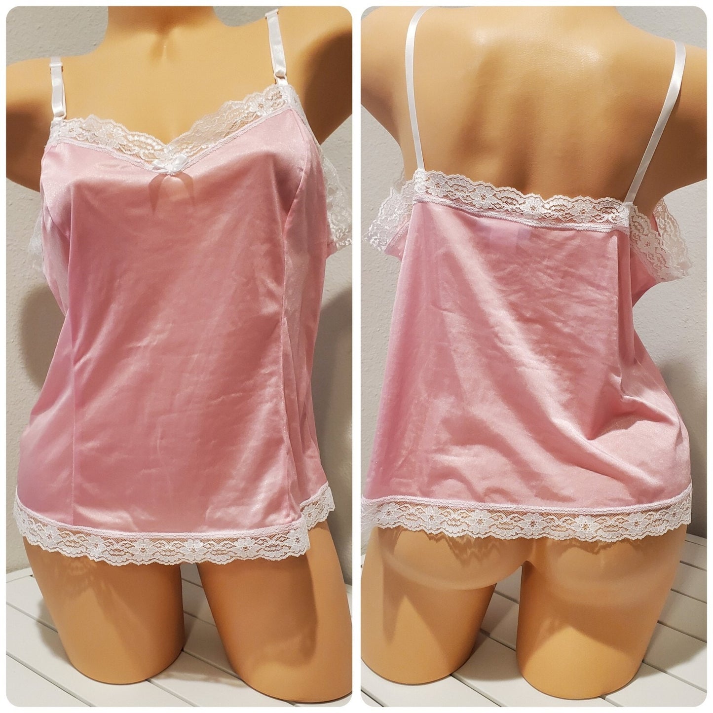 Blair Vintage Silky Nylon Camisole Lace Trim Adjustable Straps Princess Pink M