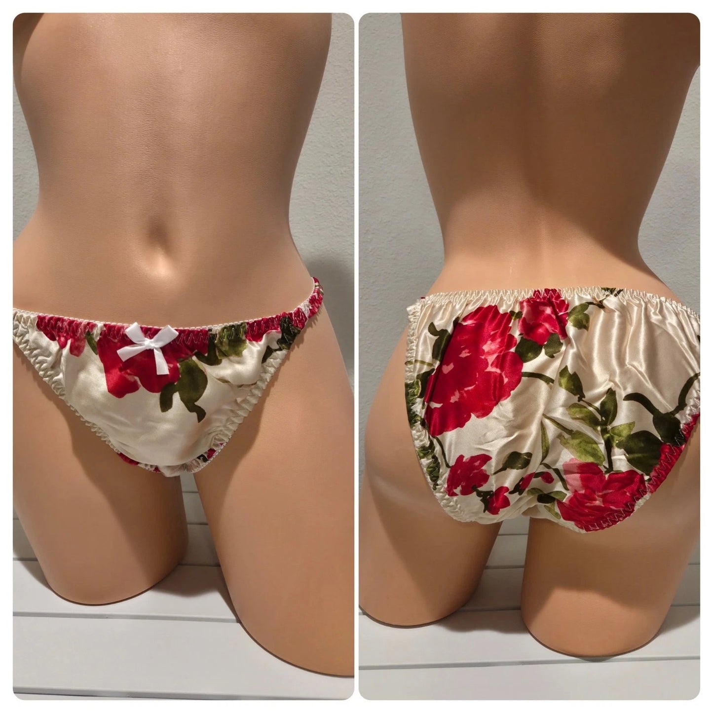 Liquid Satin String Bikini Panty Shiny Double Silk Gusset Floral Print Ivory