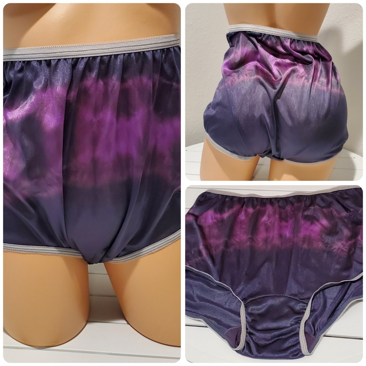Carole Vintage Shiny Nylon Full Cut Brief Purple Darkness Rainbow Shift 10/3XL
