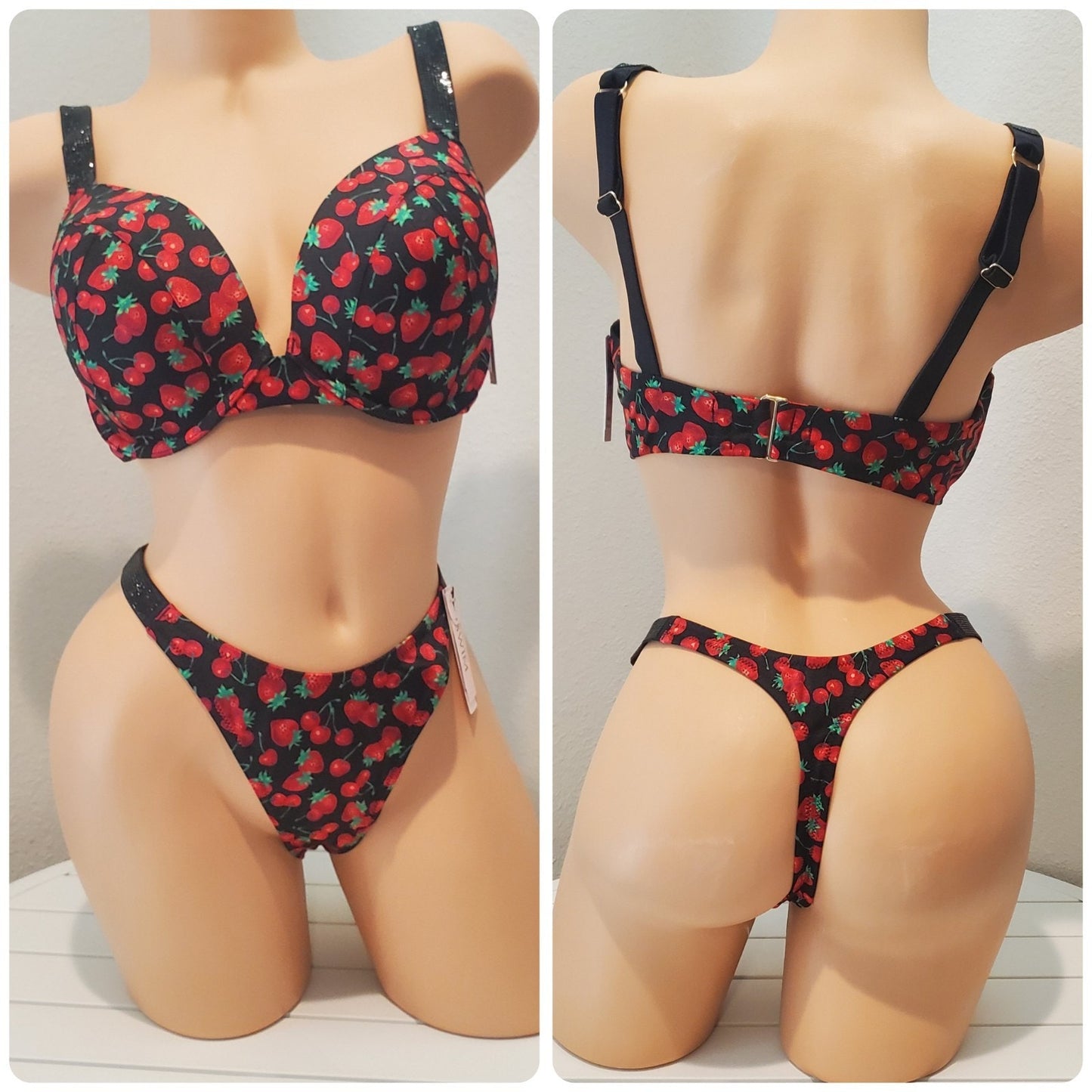 Victoria's Secret Swim Push-Up Bikini Set Shine Strap Cherry Print 38D/M