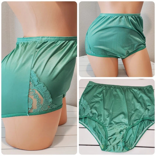 Vanity Fair Lace Nouveau Nylon Full Cut Panty Lace Shiny Green Clover - Star Vintage & More Star Vintage And More LLC